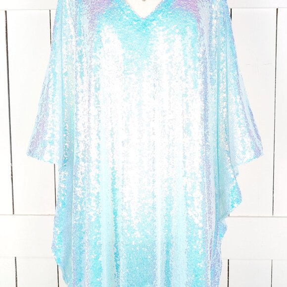 Iridescent blue sequins kimono caftan cover up tunic dress - Picture 3 of 8